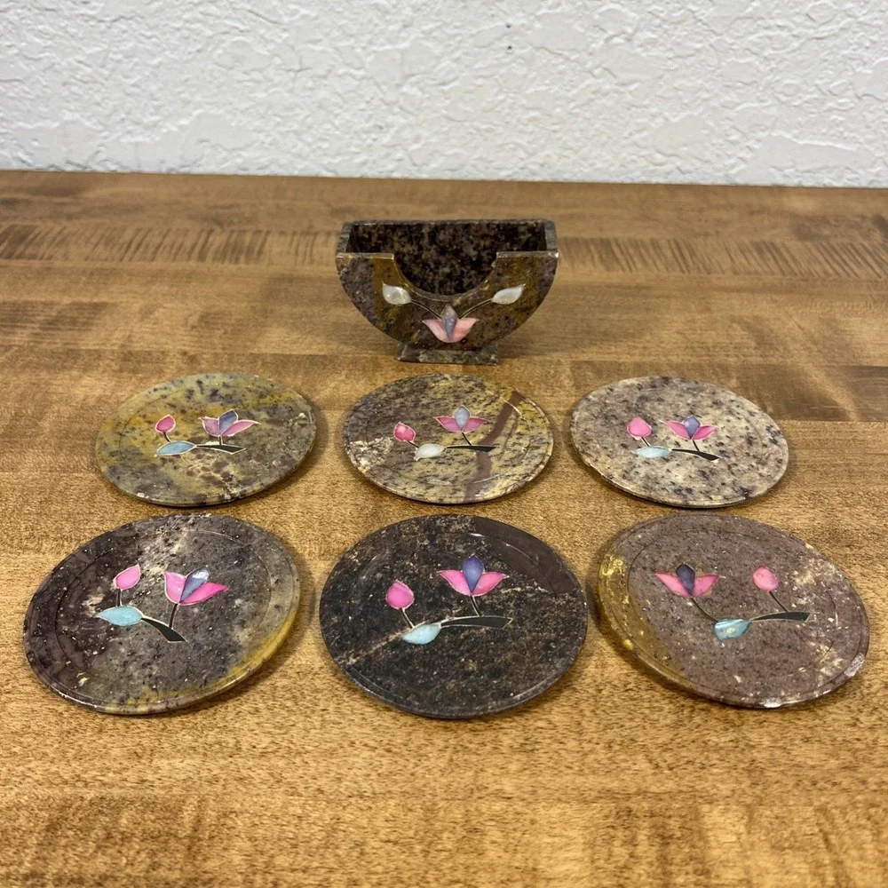 Vintage Marble Floral Mother of Pearl Inlay Coasters Set of 6 W/ Holder